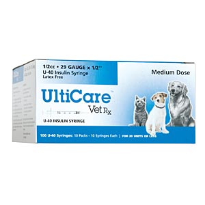 Insulin Syringe U-40 1/2 cc 29gax1/2" (Ulticare) 100/box insulin syringe u-40 1 2cc 29gax1 2 ulticare 100 box sterile attached ulti-fine 29 gauge needle products vetsulin pzi vet cat 20 units dosage patients diabetes petmeds