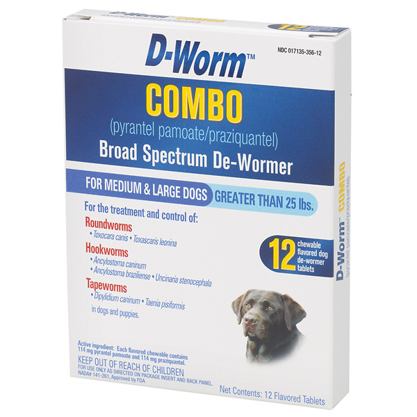 D-Worm COMBO Broad Spectrum De-Wormer For Medium & Large Dogs Over 25 lbs, 12 Chewable Tablets