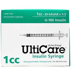 UltiCare Insulin Syringe U-100 1 cc, 29 gauge x 1/2" - 100 Pack