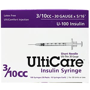 UltiCare Insulin Syringe U-100 3/10 cc, 30 gauge x 5/16" - 100 Pack